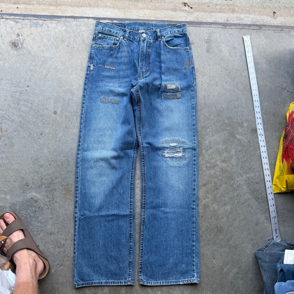 Y2K OTB Authentic Mens Relaxed Straight Leg Blue Jeans 32x33 Patchwork
